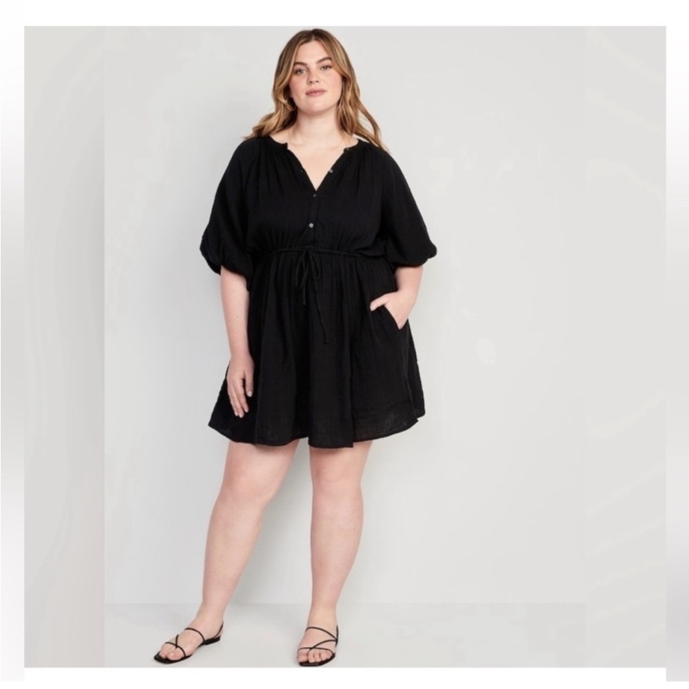 Old Navy Waist Defined Puff Sleeve Muslin Poet Dress in Black Size XXL